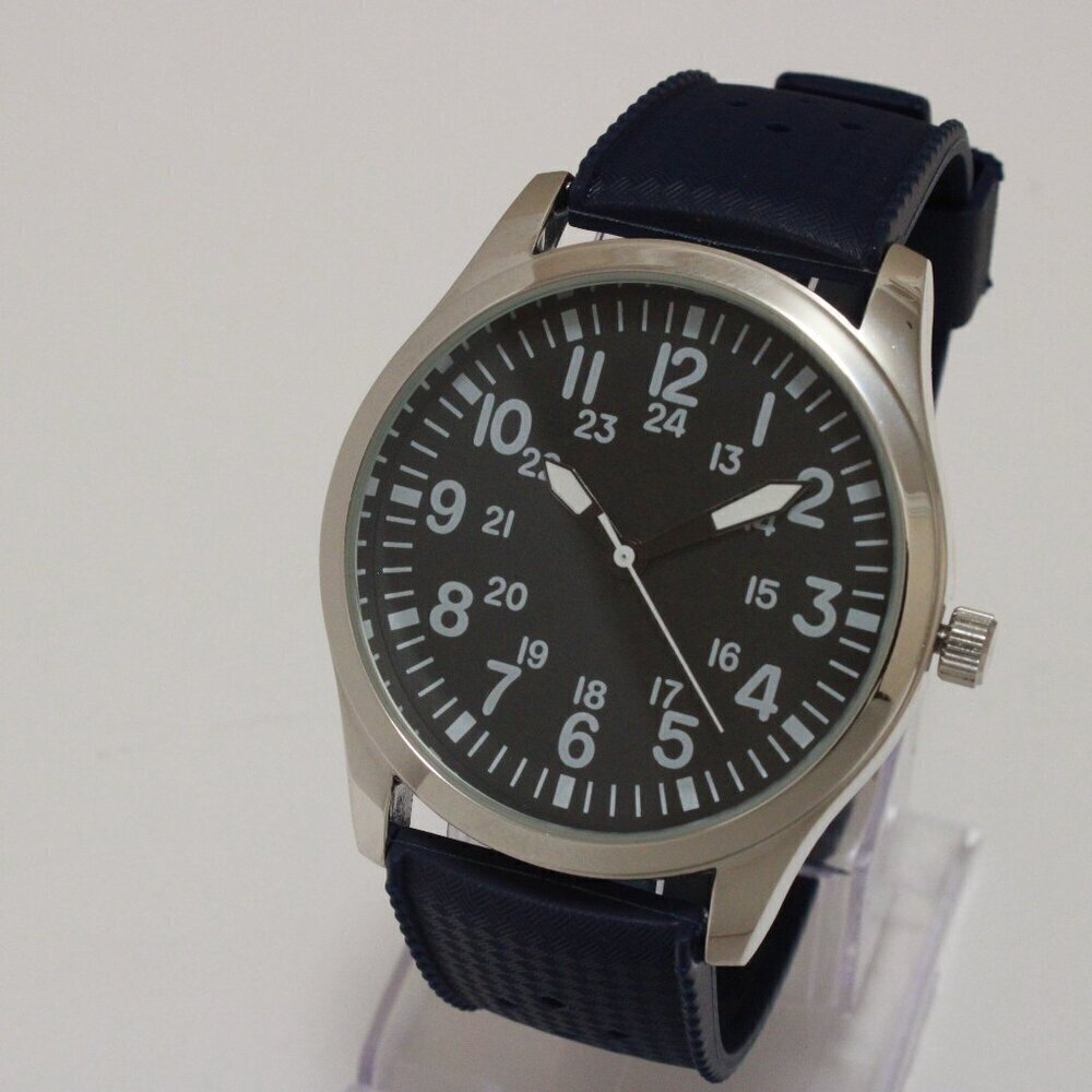 Men's Quartz Field Watch Silver Tone Case Blue Tropical Rubber Strap 42mm - Picture 4 of 12